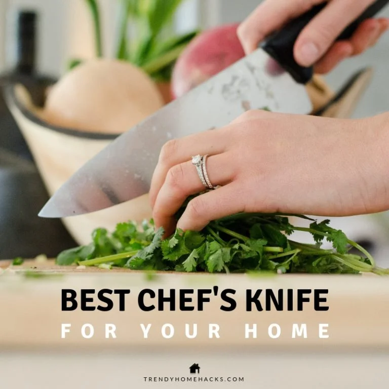 the hands of someone holding a chef's knife and cutting fresh parsley on a cutting board and with 'The Best Chef's Knife for you Home' written text