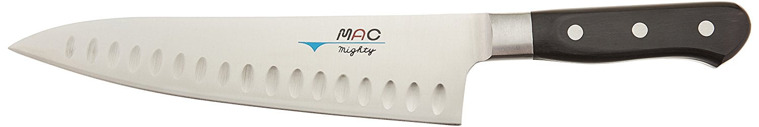 the Mac Knife Professional Hollow Edge Chef's Knife with 'MAC Mighty' inscription on the blade and a blank background