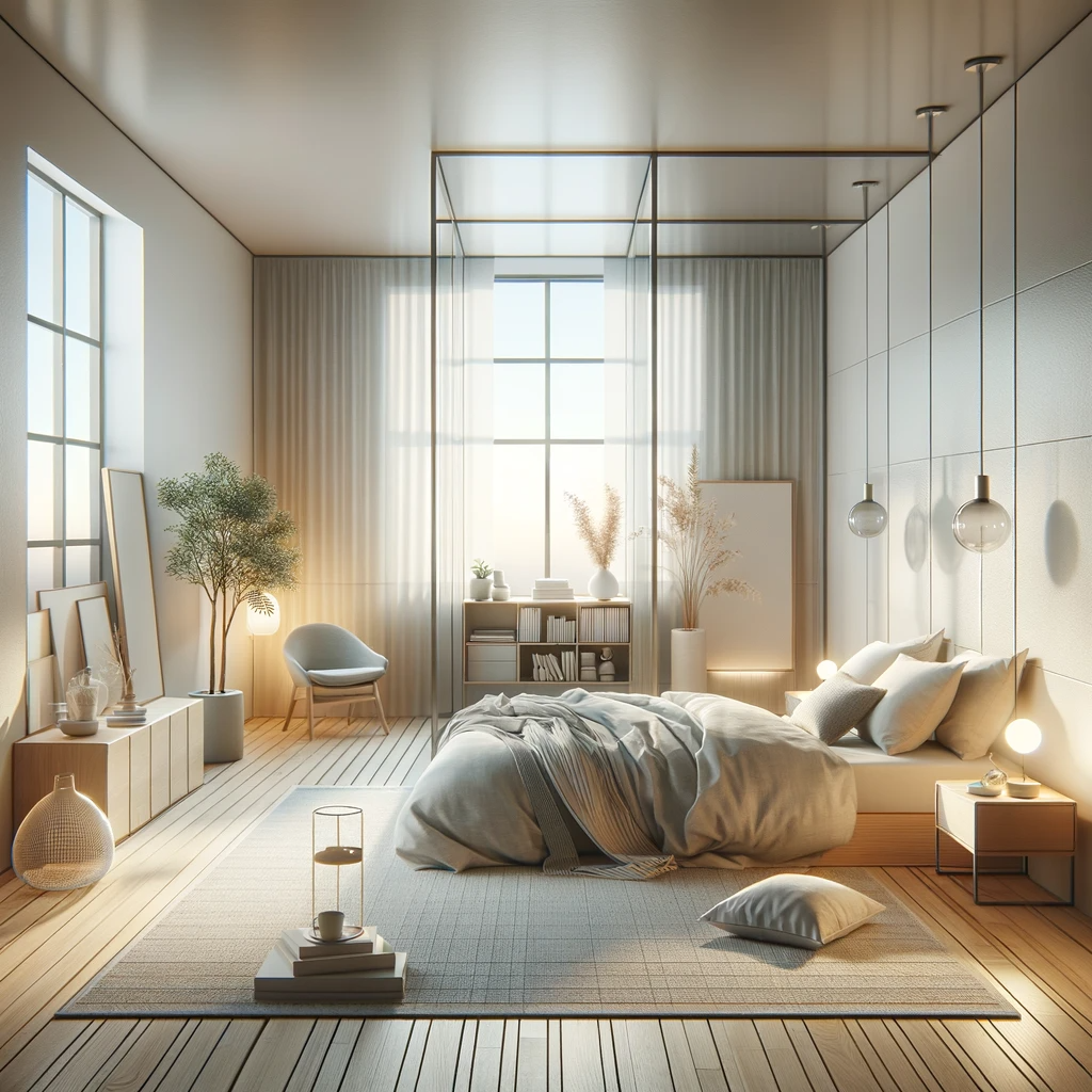 a tranquil, minimalist bedroom with a simple bed, a small bedside table, minimal decorations, and a neutral color scheme, emphasizing a spacious and clutter-free environment.