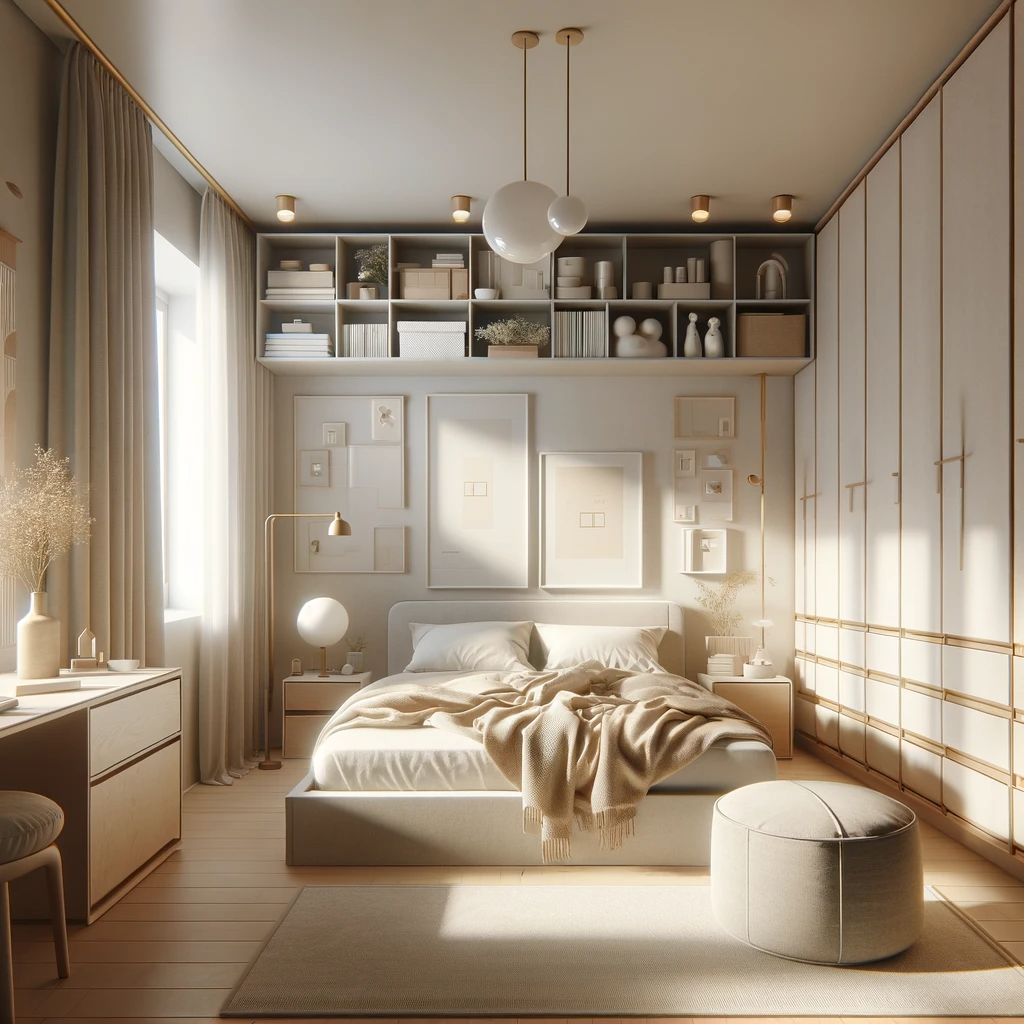 a minimalist bedroom with a clean, spacious layout, minimal furnishings including a bed with drawers and a storage ottoman, and a few decorative items on a shelf, all in a calming neutral color scheme, emphasizing an uncluttered and organized space.