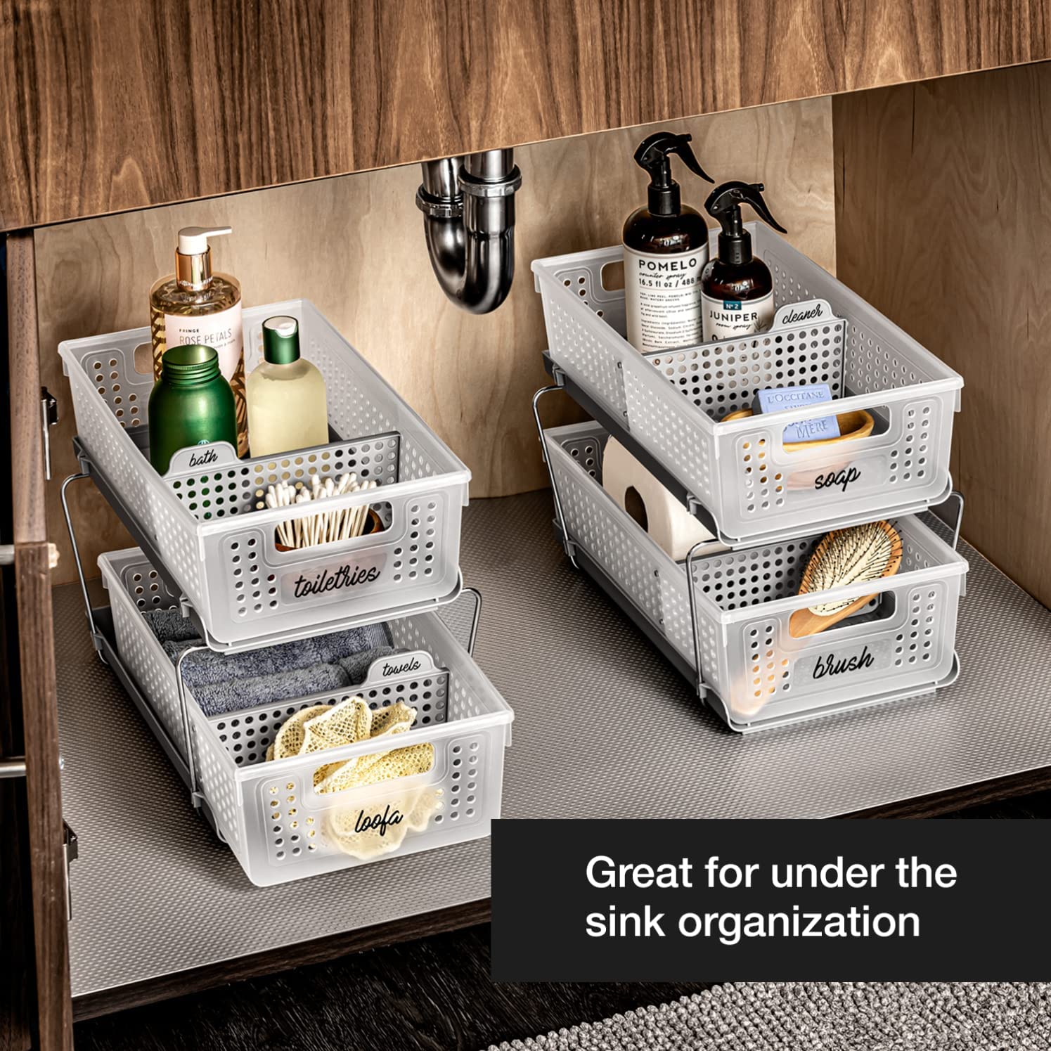 under sink bathroom storage displaying stacked baskets to organize common items