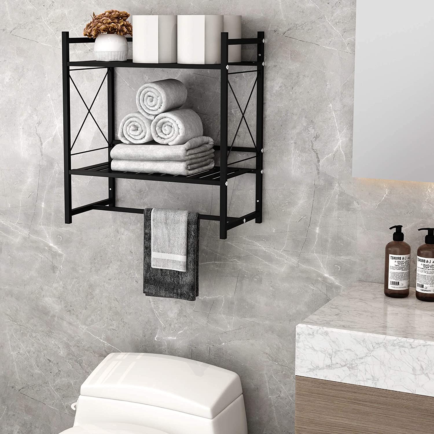 a typical bathroom storage solution using open shelving to store and display multiple items 