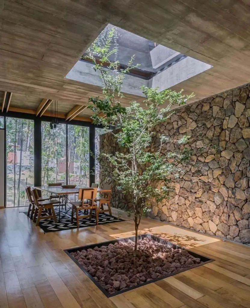 Incorporating natural elements into your interior for calmness, the modern dining room features a skylight and a tree growing through the floor, surrounded by large windows and stone walls.