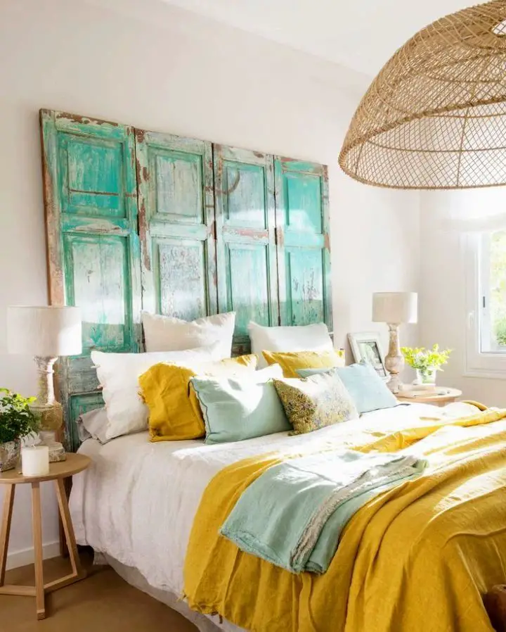 Create your own summer bedroom paradise with a wooden headboard in joyful yellow and green hues.