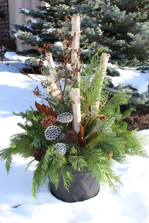 A winter-themed outdoor planter with birch branches, pine cones, and evergreen foliage in a neutral-toned pot, surrounded by snow.
