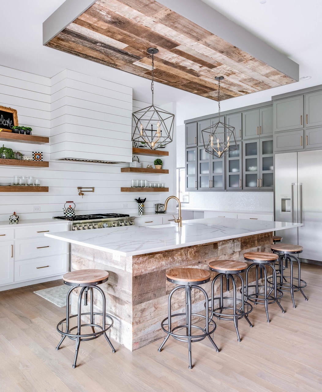 Industrial-Farmhouse-Style Kitchen lights are very appealing and they come in various styles such as pendants like in this kitchen.