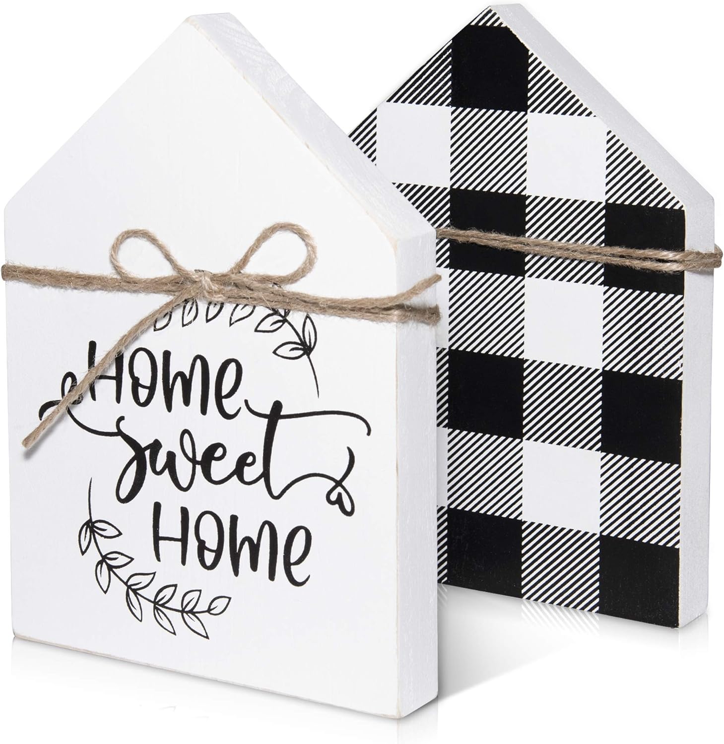 farmhouse wood sign with a black and white buffalo check pattern painted on one side and a home sweet home message painted on the other side
