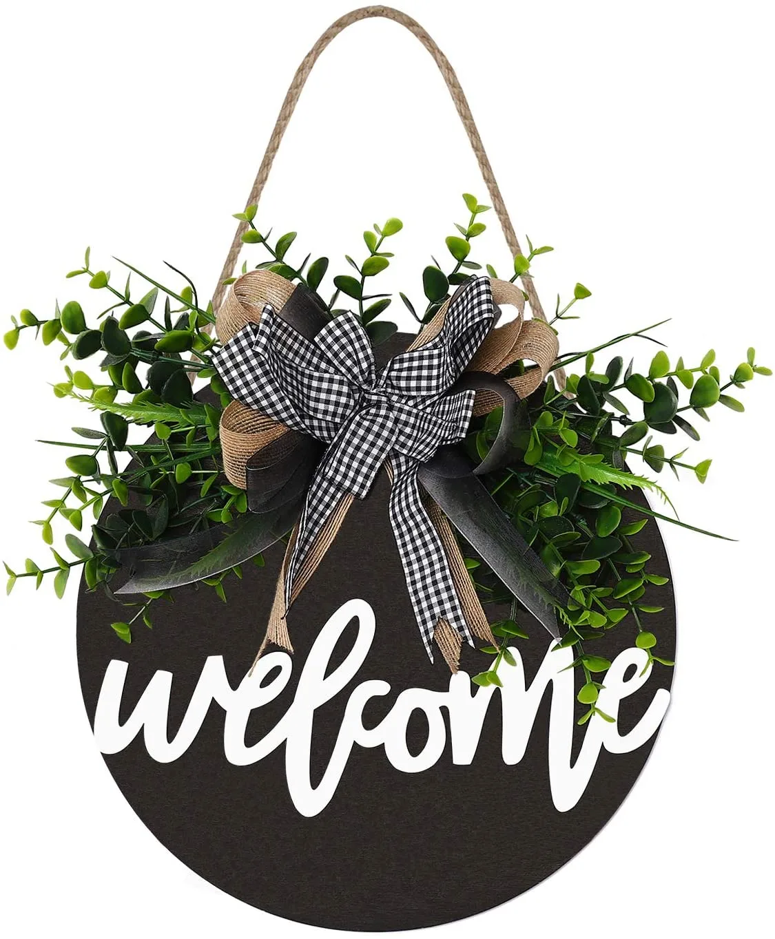 Round "Welcome" sign with a burlap bow and gingham ribbon, surrounded by unique vignettes of green leaves, suspended by a twine loop to decorate an amazing front porch.