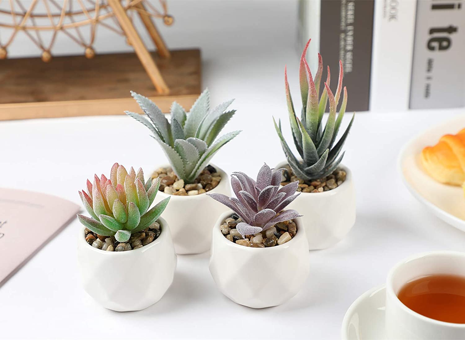 Faux-Succulents-in-White-Ceramic-Pots