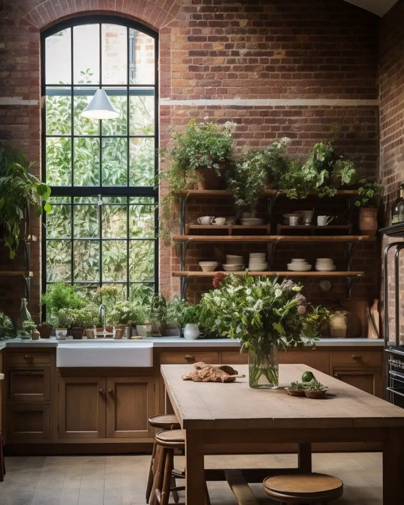 a rustic kitchen with greeneries and mix of wood and exposed red brick provide the perfect industrial style interior.