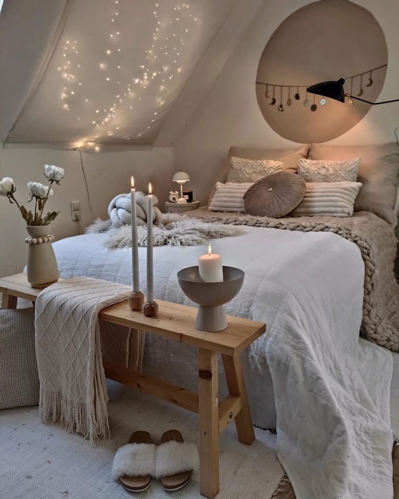 A cozy Boho-Chic bedroom with a neatly made bed in white and beige tones, candles on a wooden bench at the foot, hanging lights on the wall, and stylish decorative items on side tables.
