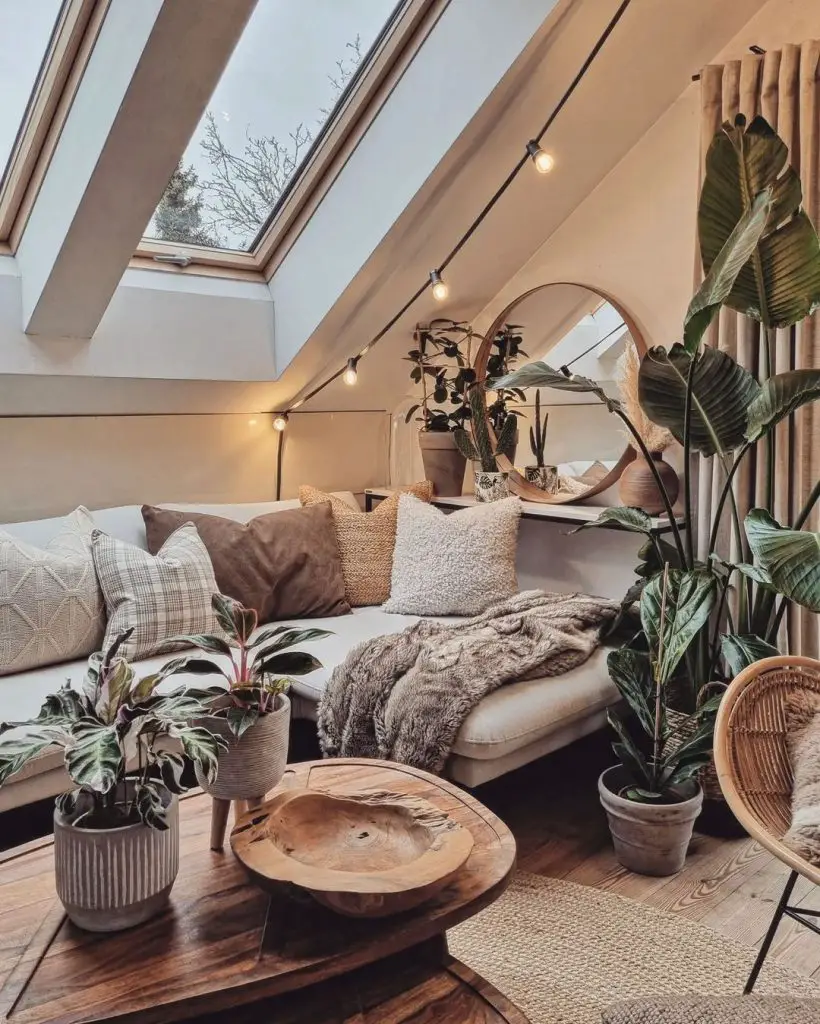 Cozy attic lounge area with a skylight, furnished with a cushioned bench, pillows, top 5 Bohemian-inspired plants, and decorative lights.