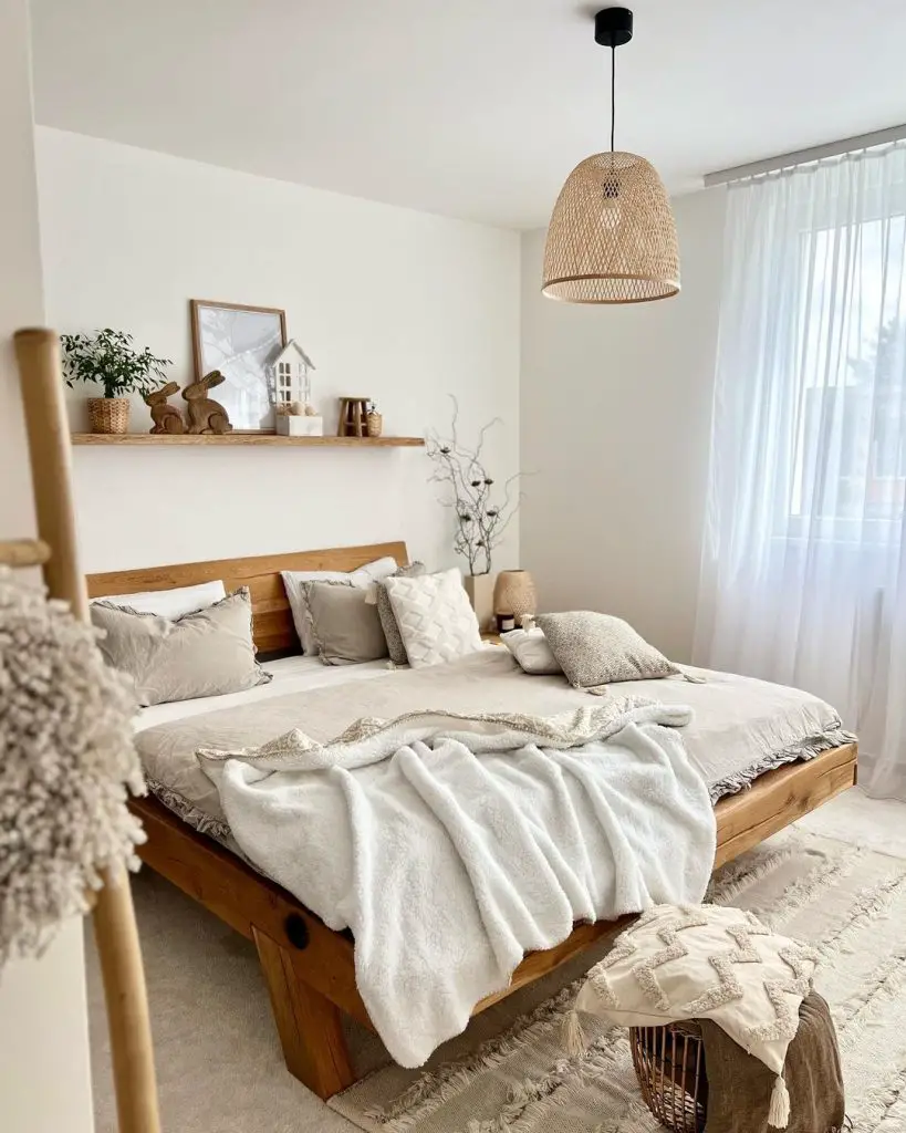 A cozy bedroom featuring a natural wooden bed, plush white linens, and decorative items on a shelf above the bed, complemented by a wicker pendant light.