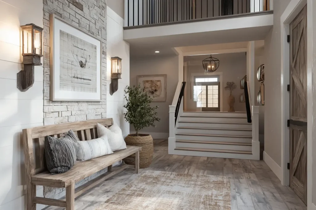 Rustic meets Chic: How to Design a Modern Farmhouse Foyer—this entryway features a wooden bench, throw pillows, a potted plant, wall art, sconces, rug, and stairs leading to a bright upper hallway with railing.