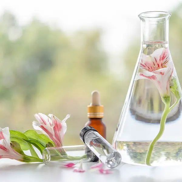 A pink flower in a glass flask filled with water, next to a dropper bottle and test tube, with detached petals on a white surface. The scene exudes tranquility, ideal for those looking to create a comforting home interior vibe with aromatic essential oils against the blurred backdrop of greenery.