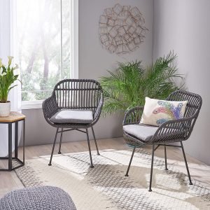 Discover coastal chic: Two rattan chairs with cushioned seats are positioned in a bright, modern room. A plant and a geometric wall decoration adorn the background, while a table with a plant sits next to a window.