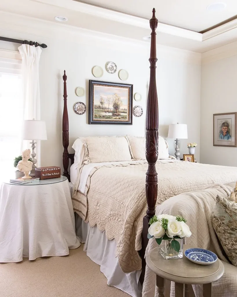 A neatly arranged bedroom with Southern flair and charm features a four-poster bed, white and beige bedding, two side tables with lamps, and decorative art on the walls. Fresh flowers and books are also on display.