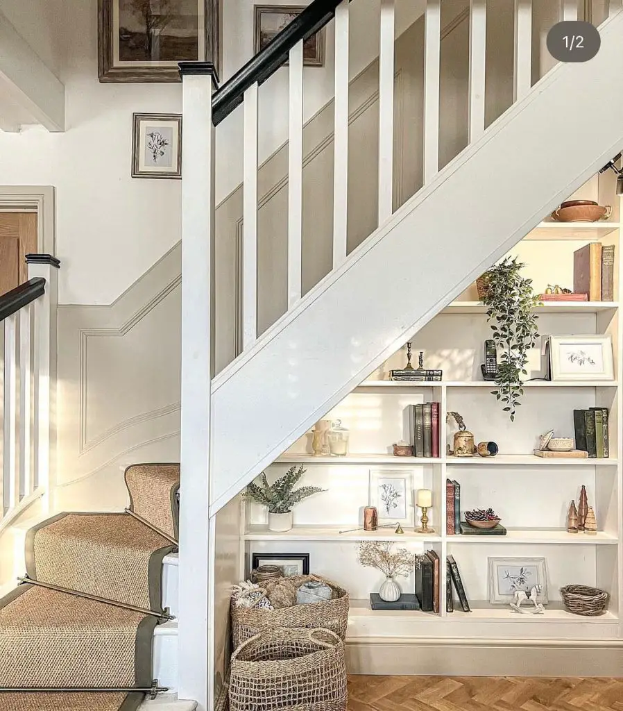 clever idea to incorporate shelving under a stair in a home