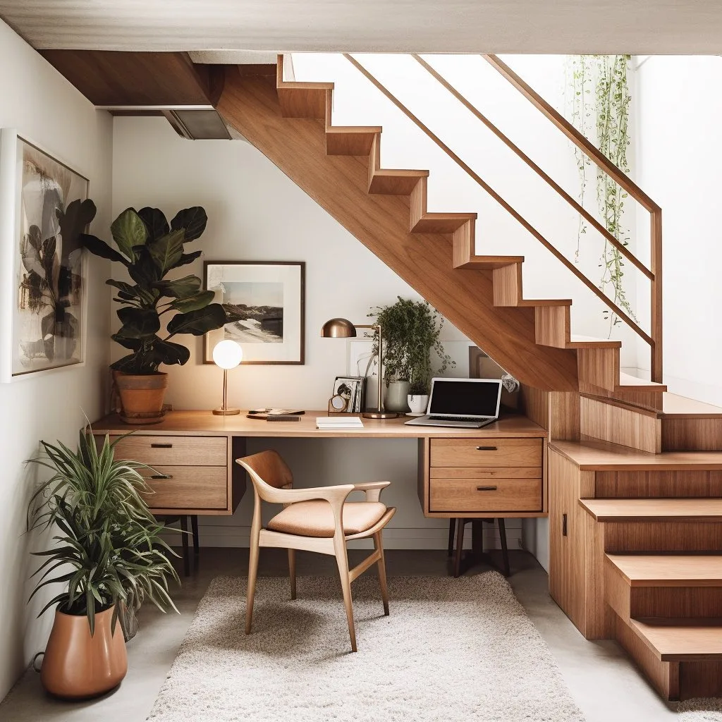 A home office setup is creatively tucked under a wooden staircase, showcasing one of the 10 creative under stairs storage ideas to optimize your space. It includes a desk with a laptop, a chair, a lamp, various plants, and artwork on the walls.