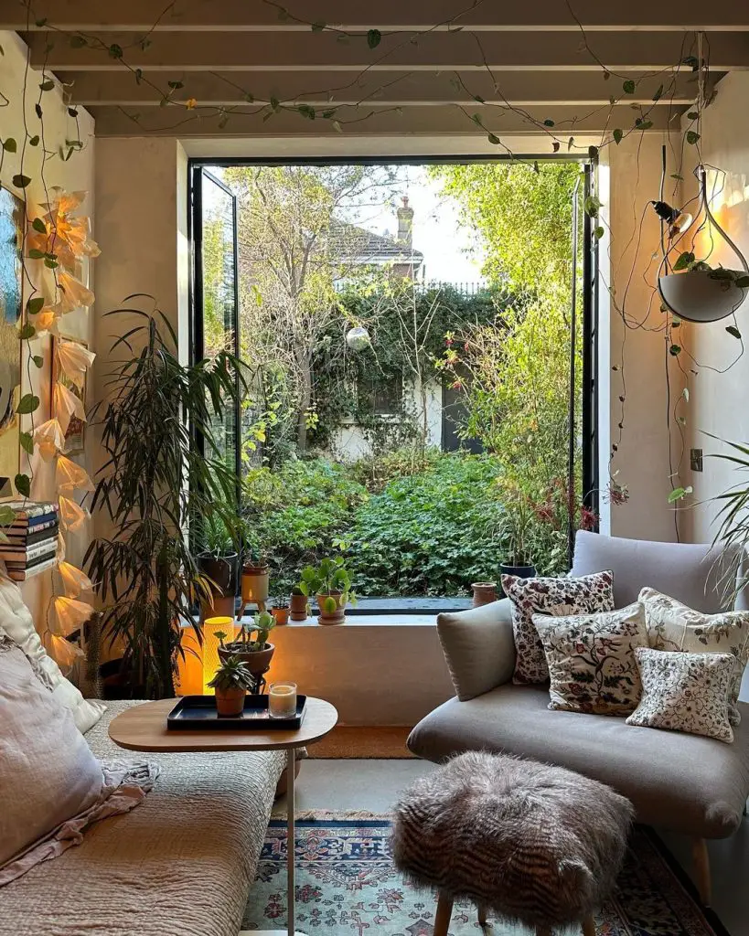 A cozy living room with large open windows showcasing a lush garden outside. The space includes a sofa, a small table with potted plants, pillows, and hanging lights—illustrating how you can embrace biophilic design with abundant greenery.