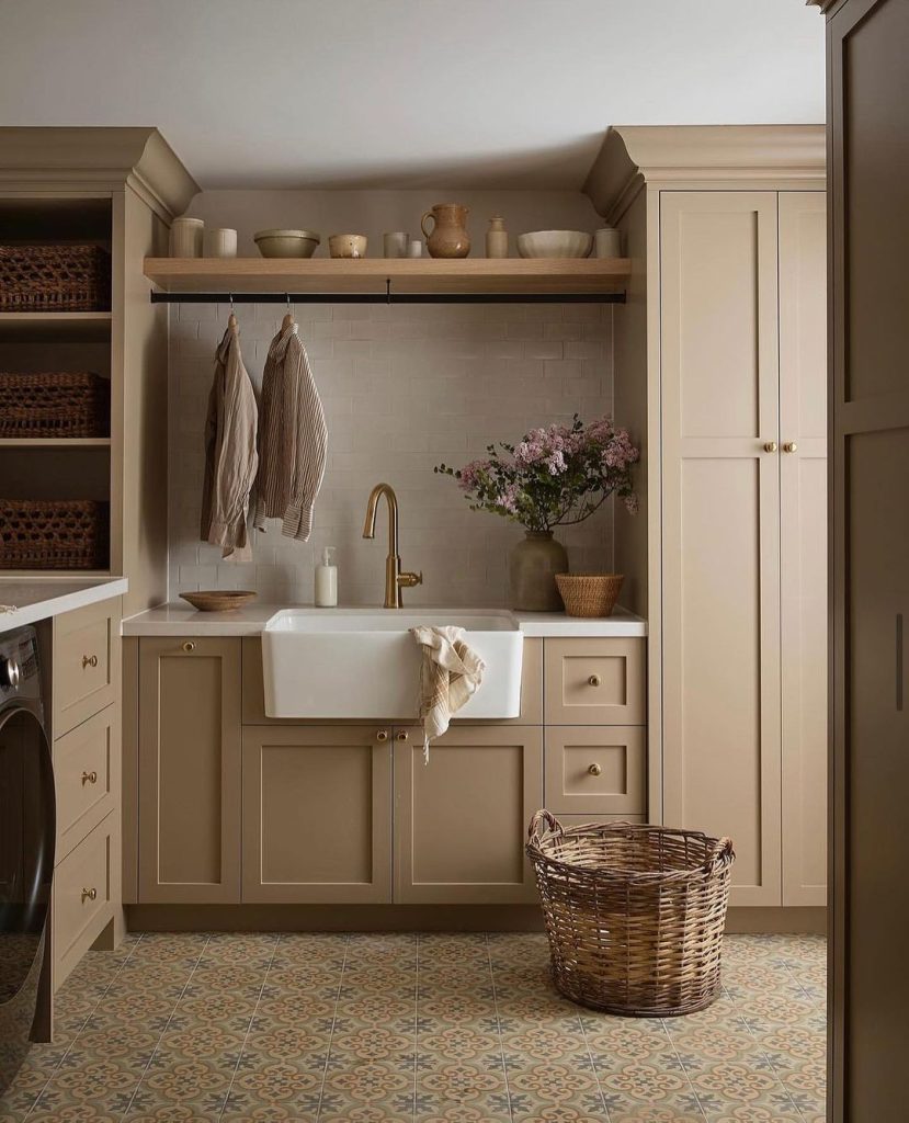 A laundry room with beige cabinetry, a farmhouse sink, hanging shirts, wicker baskets, and a floor with patterned tiles. A wicker laundry basket sits on the floor, and flowers are displayed by the sink. Choose a laundry sink that matches your decor to complete this charming space.