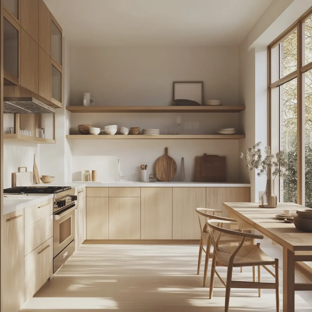 A modern kitchen with light wood cabinets and open shelves displaying dishes showcases how minimalism influences the creation of a sense of space, complemented by a gas stove, dining table with chairs, and large windows filling the room with natural light.