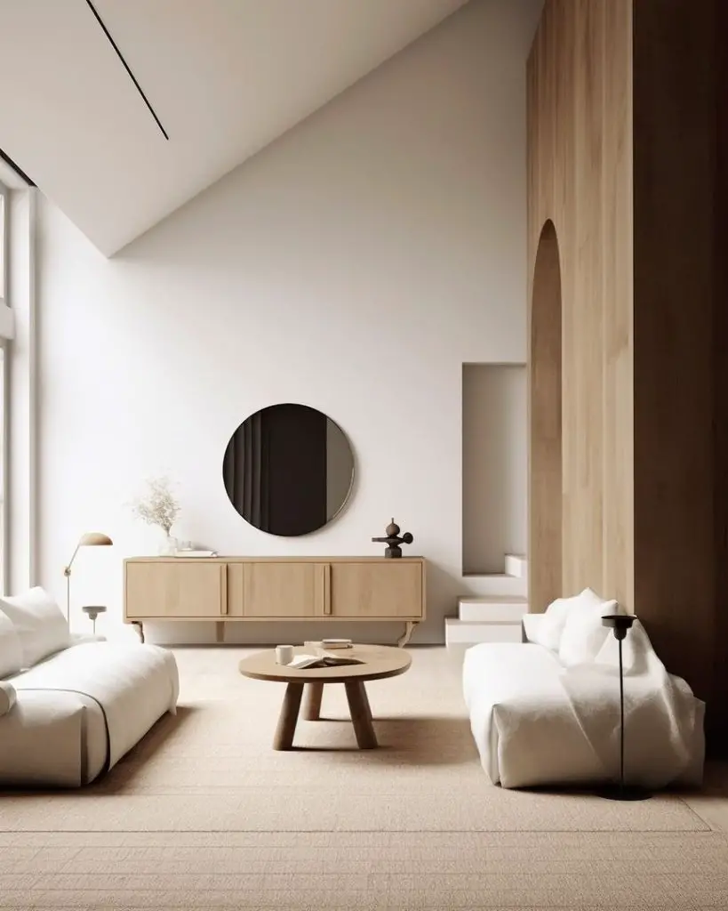 minimalist style living room with neutral colored seatings, a small coffee table and wall mirror