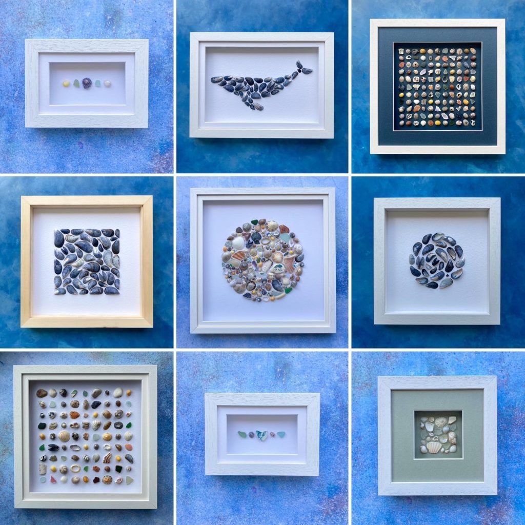 A 3x3 grid of framed artwork on a blue textured background features various patterns and shapes made from pebbles and seashells, embodying stunning seashell wall art ideas for a breathtaking display.