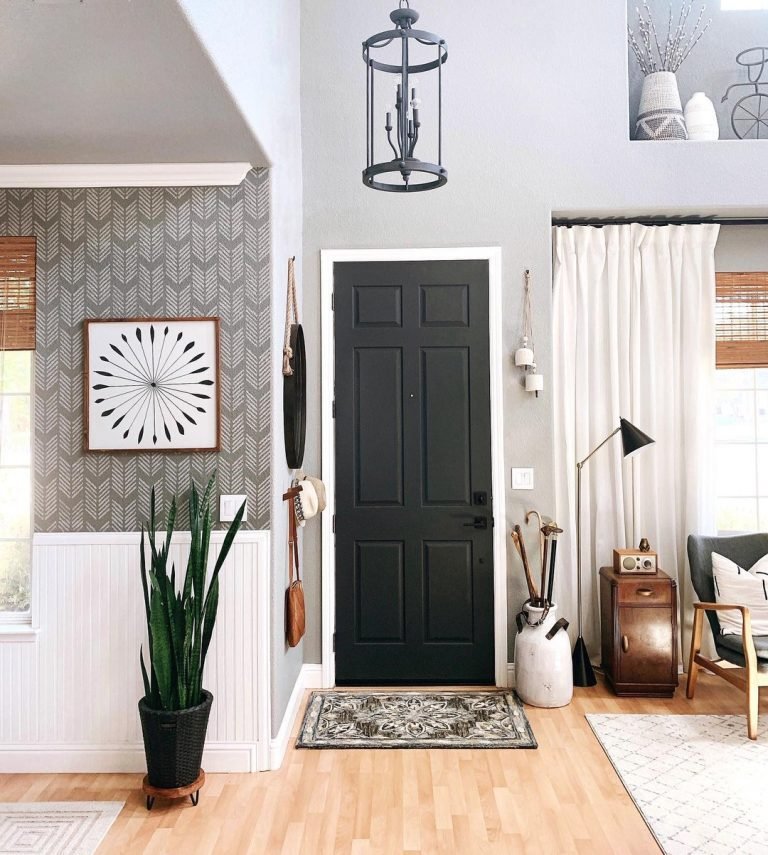 a modern entryway interior with a plant and some items stored next to the entry door