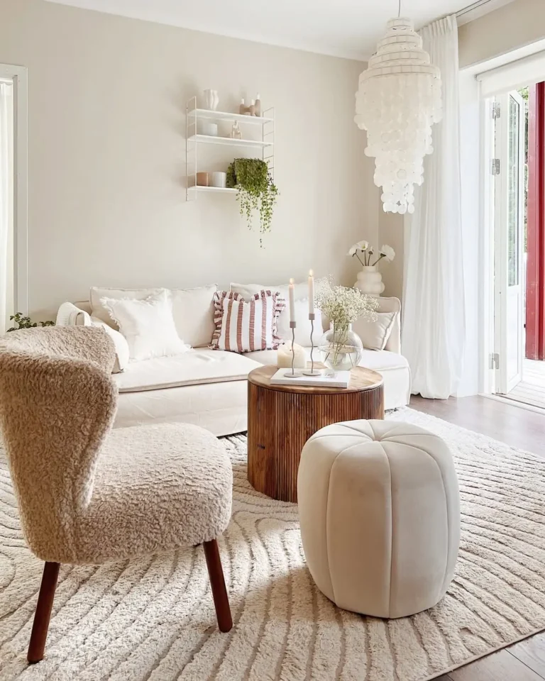 a bright living room interior with scandinavian influence including furniture, greenery and no clutter makes this space functional and an extension of the exterior