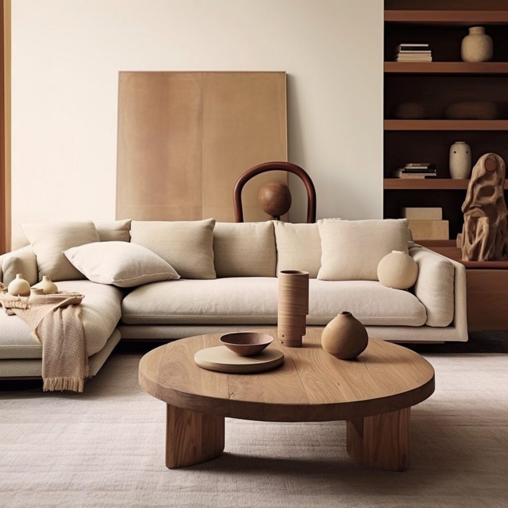 a Scandinavian looking living room with a minimalist style sectional and low round coffee table