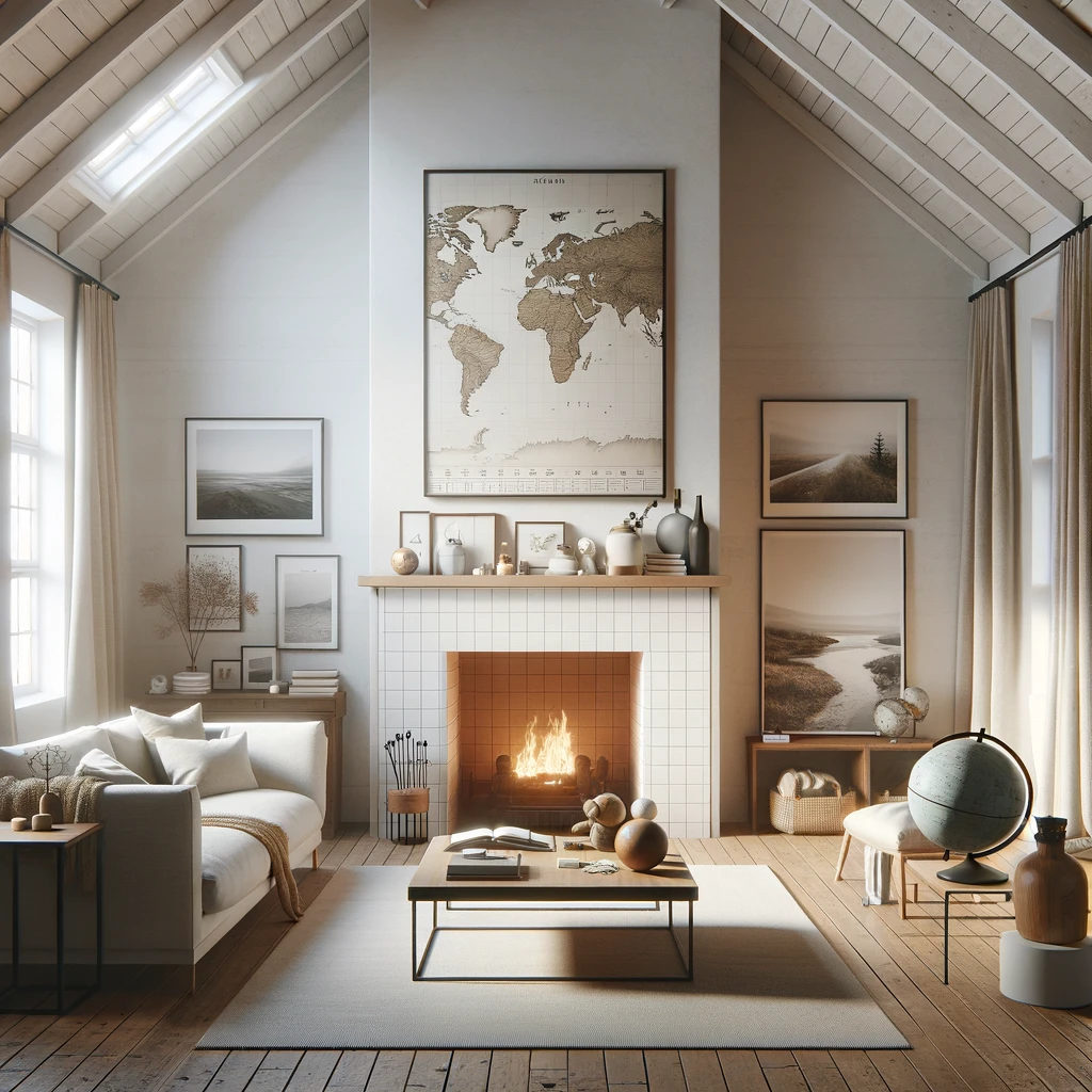A simplified farmhouse interior designed to subtly reflect a couple's love for travel, including a fireplace. The scene focuses on a spacious living room