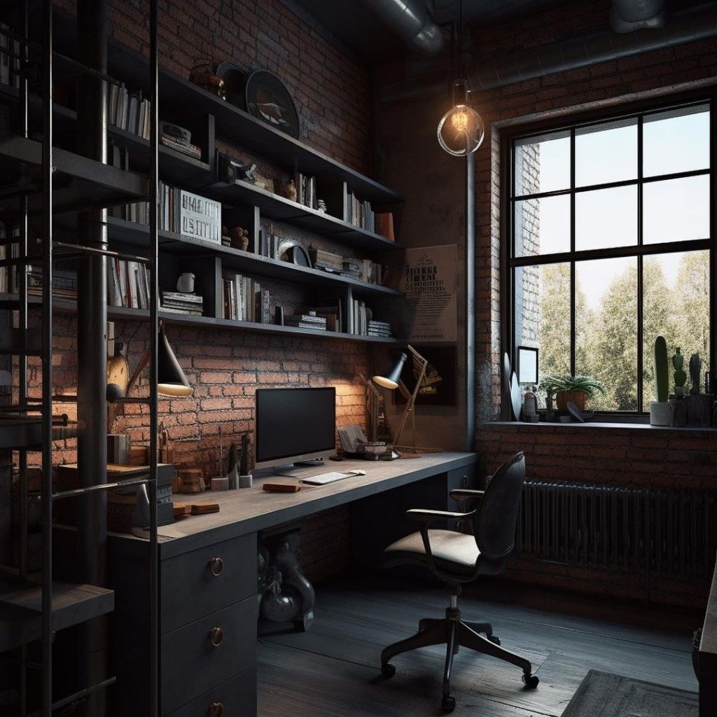 a workspace with exposed brick walls, a long wooden desk on metal legs, a chair, and some open wood and metal wall shelves