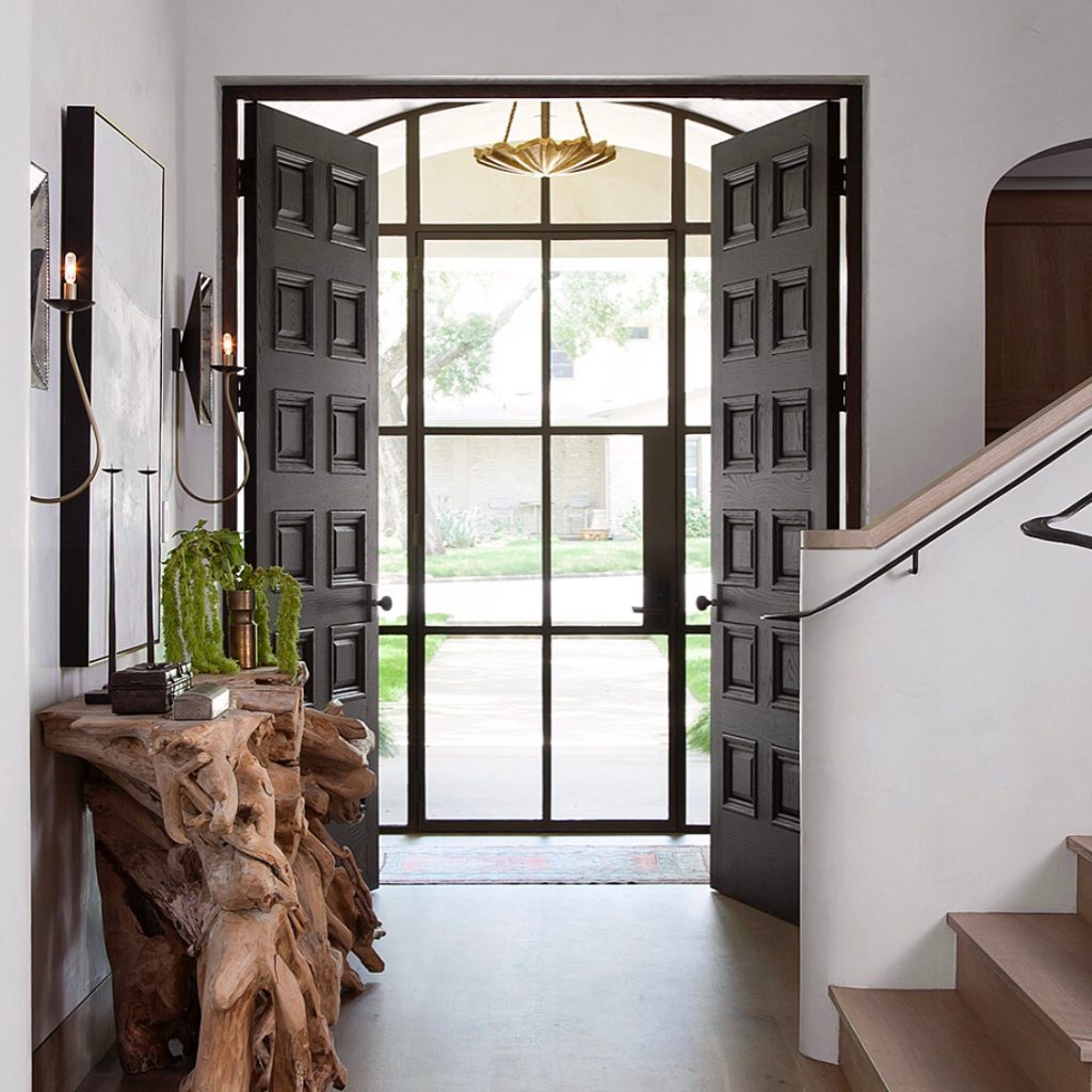 Steel Front Doors in the entryway as viewed from inside a modern home