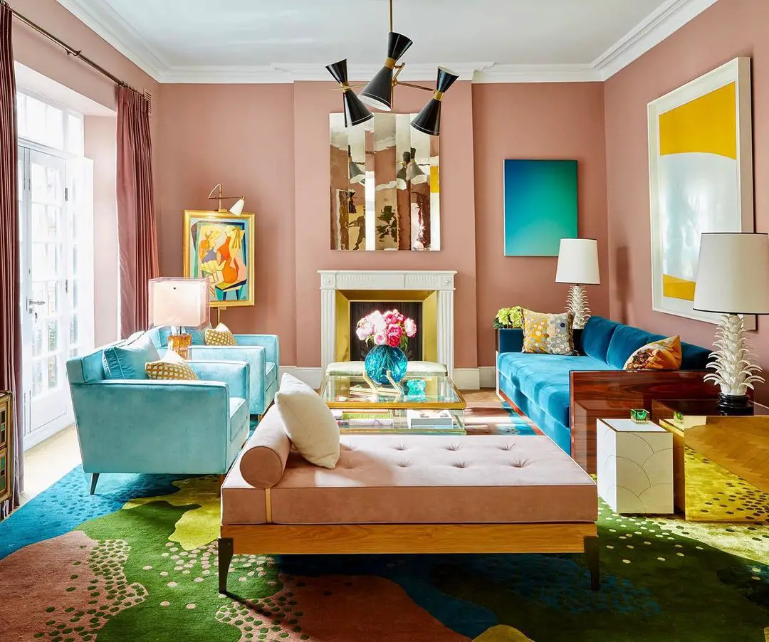 retro interior living room with bold colored furnishings
