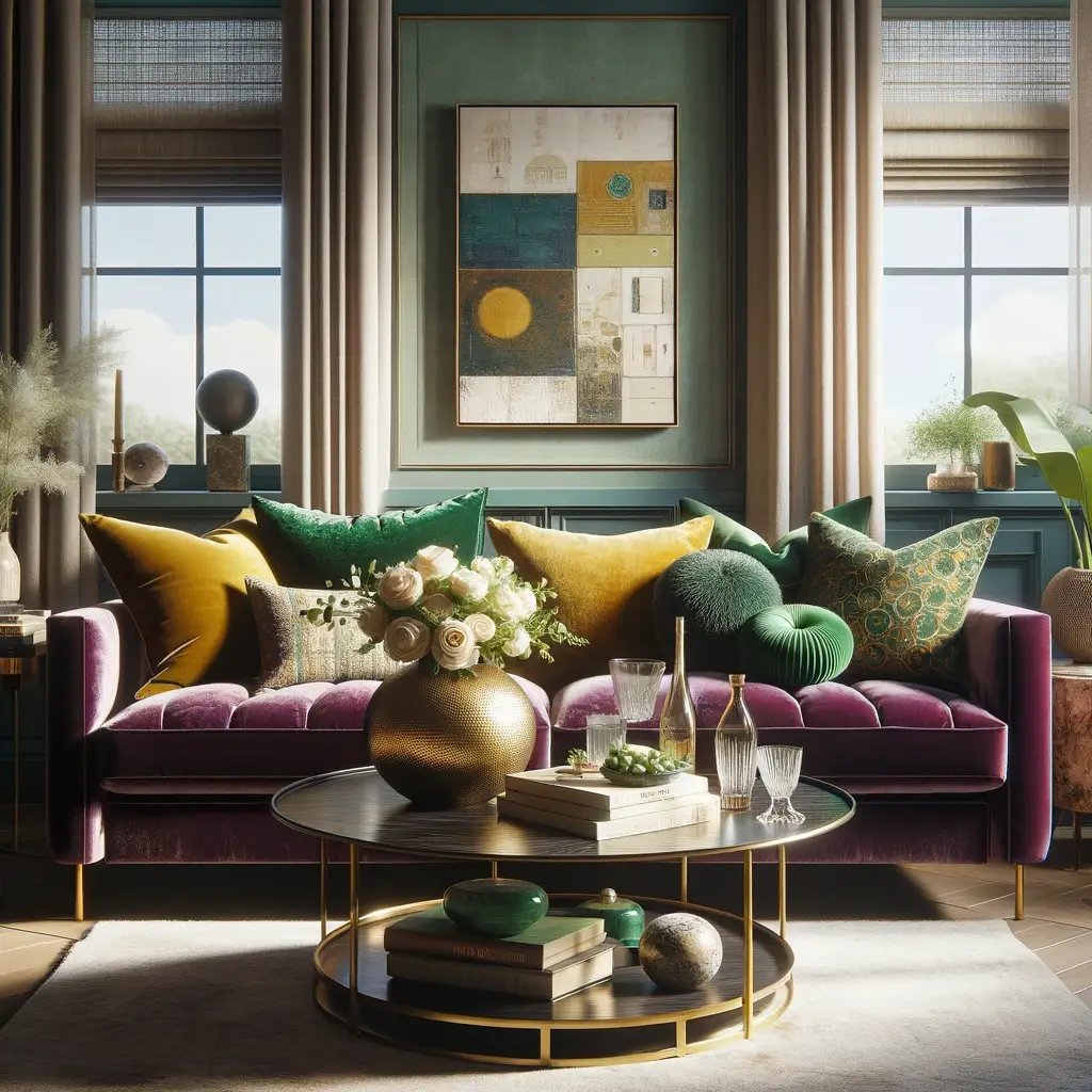 living room scene showcasing a vibrant velvet purple couch adorned with various cushions in shades of green, yellow, and patterned beige. In the foreground, a round, dark wood coffee table holds a textured gold vase filled with white roses, a green succulent plant, a stack of hardcover books, and a clear ice bucket with a bottle and glasses. 