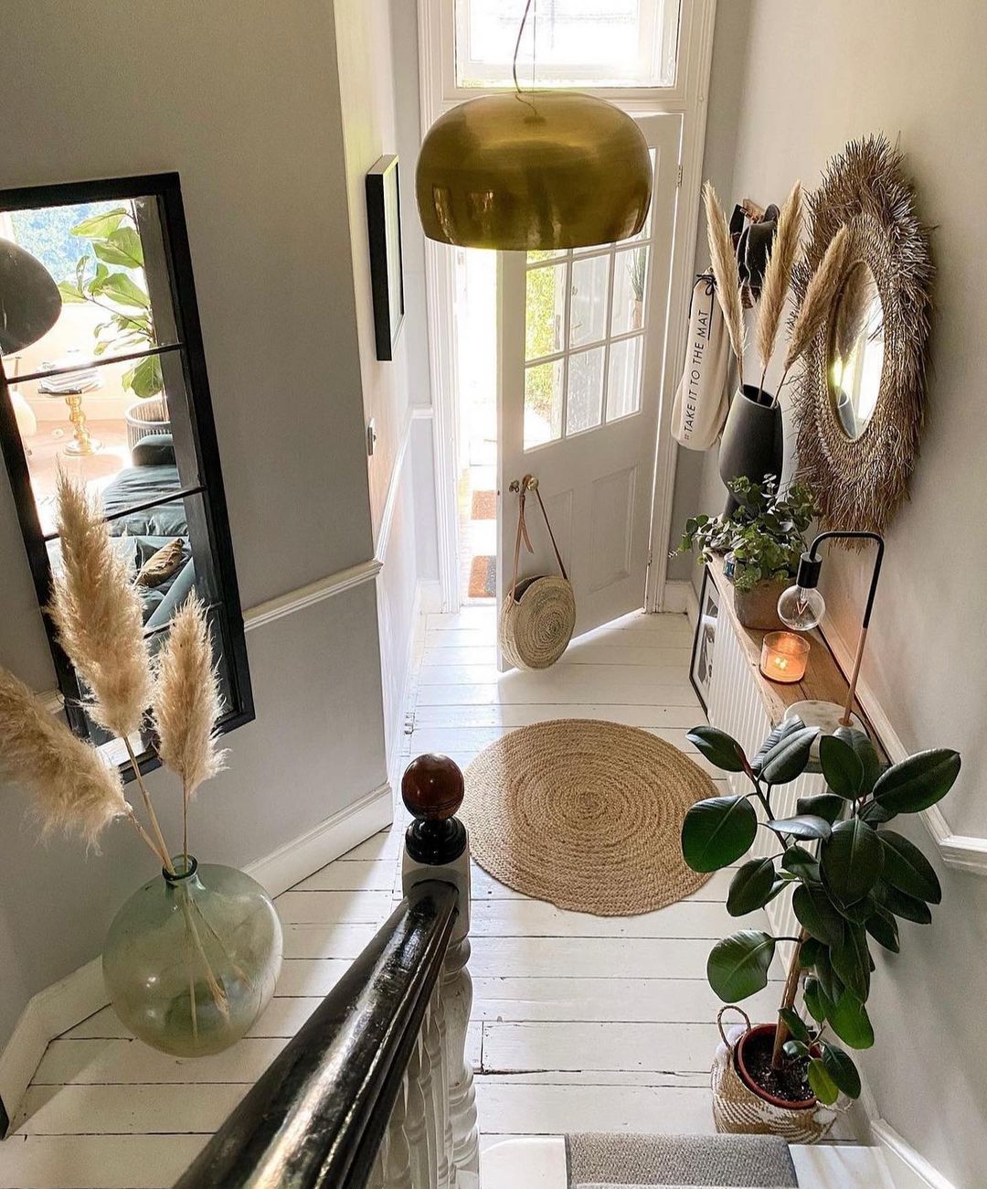 a bird's eye view on a nicely decorated Bohemian style entryway