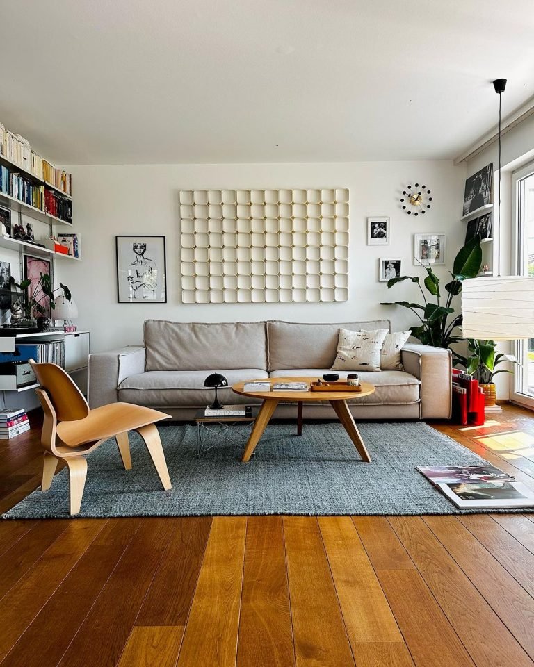 Mid Century Modern living room with a couch a chair, and a coffee table