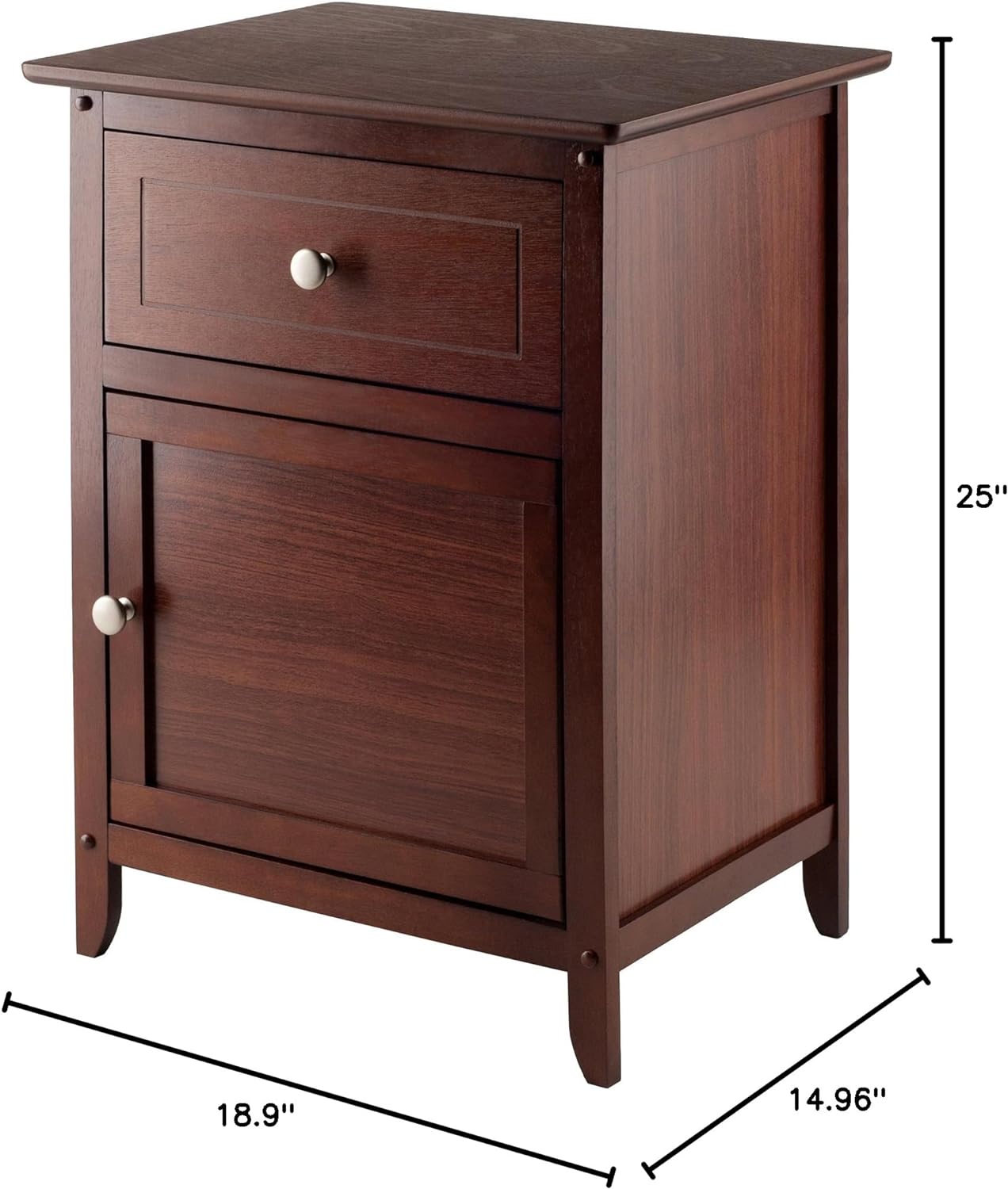 wooden cabinet in walnut color with dimensions as part of a product description