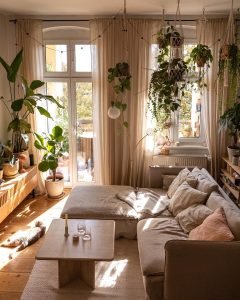 living room decorated with greenery, wooden furniture and lots of texture including area rug and throw pillows