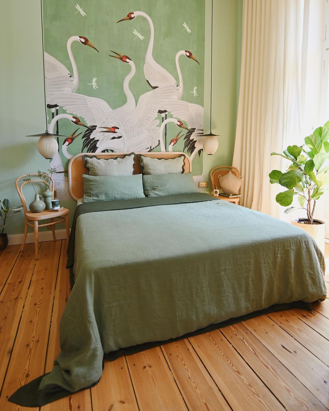 a few eclectic furnishings can bring charm and add character to a green-themed bedroom 
