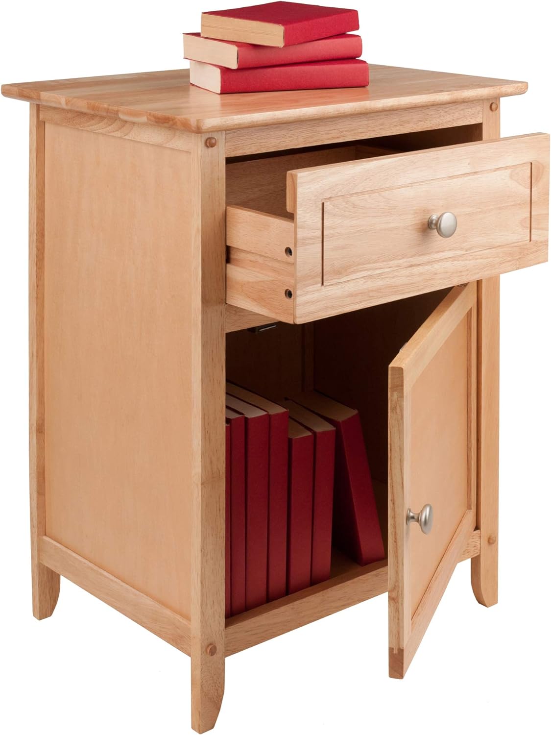 nightstand with an upper drawer and a lower shelf with a door