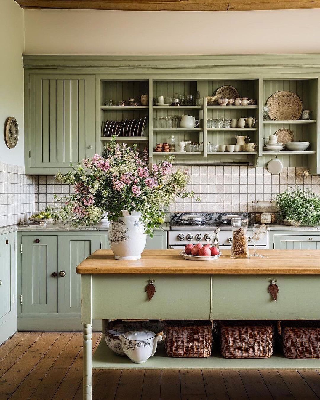 rustic green-themed kitchen with a centre island table styled with a vase and flowers