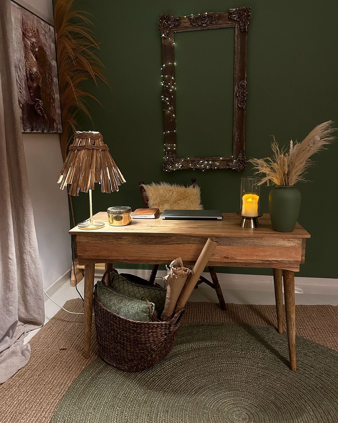 workspace at home with a desk and chair styled with a bohemian style desk lamp to complete the decor