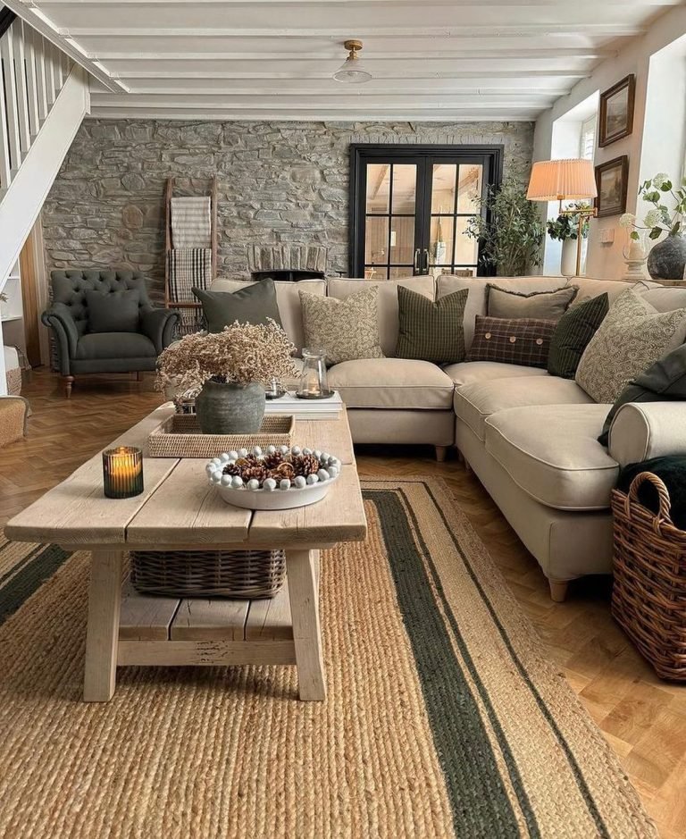 cottage style living room stone accent wall