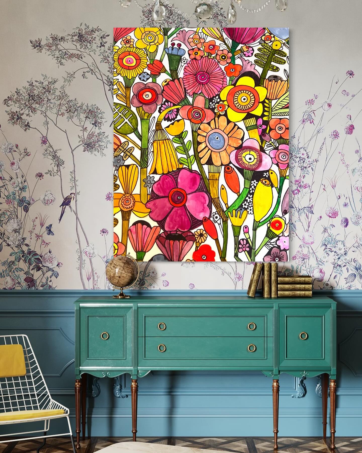 flowers painted in colorful and abstract style add a funky vibe to this living space showcasing a console table with drawers.