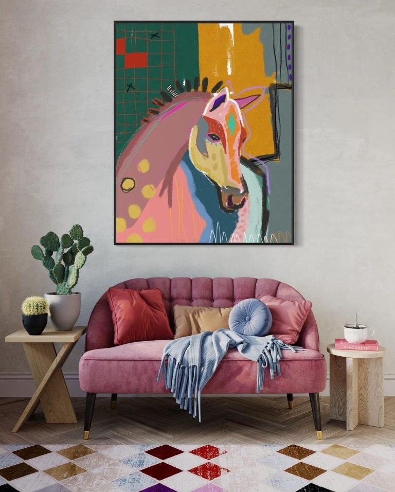 colorful funky looking living room with a lavender velvet upholstered couch and a large wall painting in the background