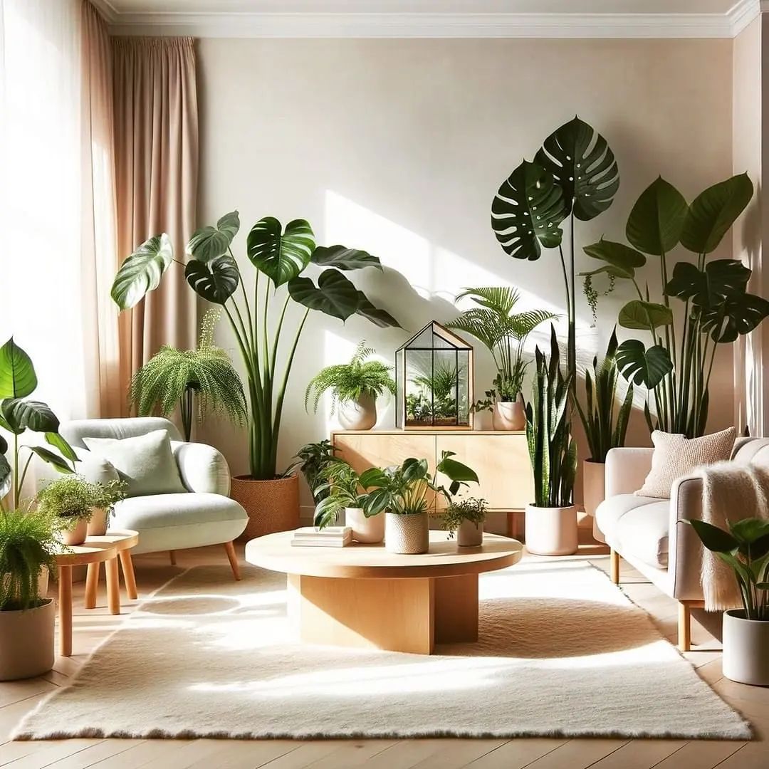 indoor plants bring nature into a living room interior and make it look calm and inviting