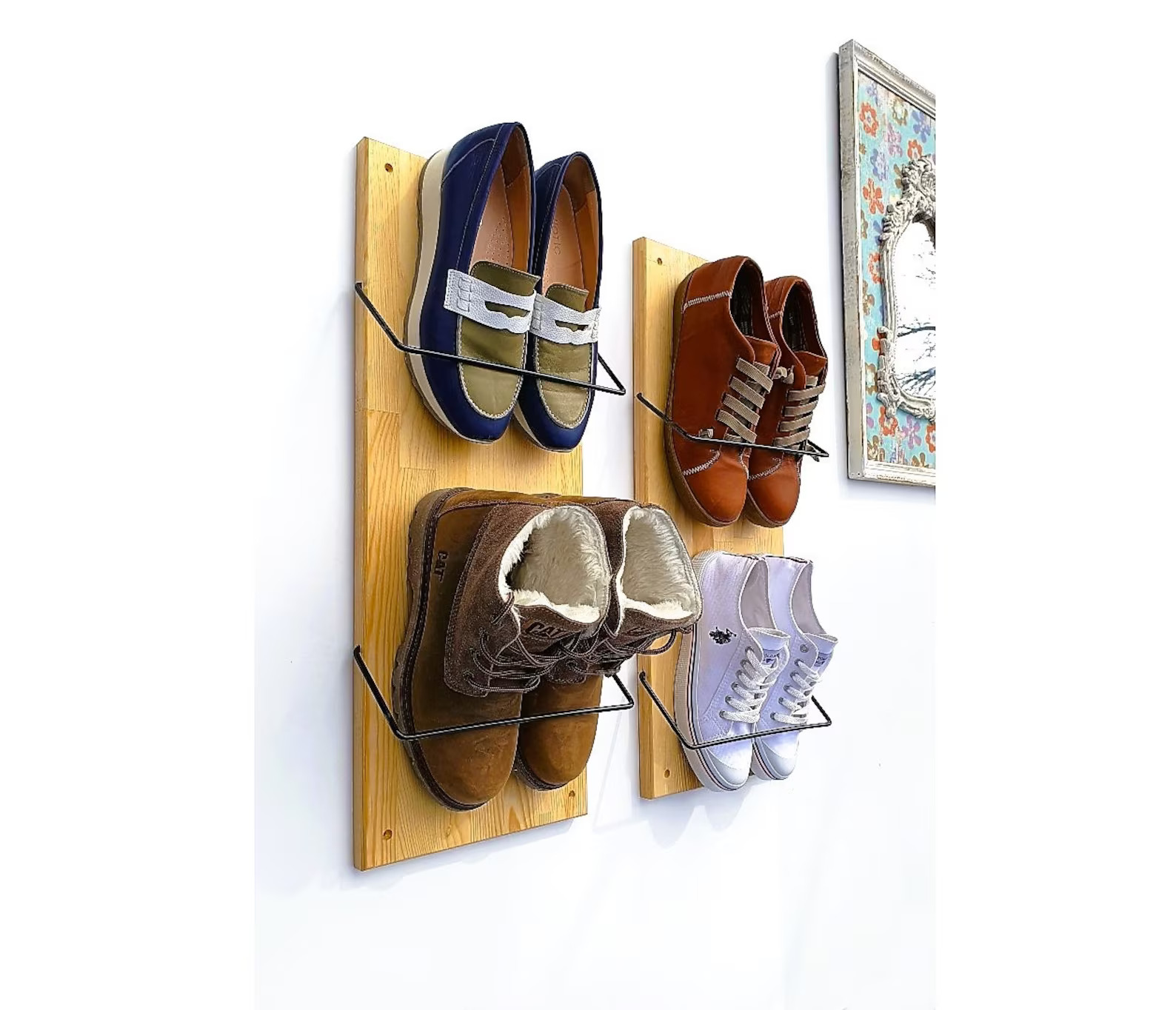 a wall mounted wooden shoe rack is a great way to save space by leveraging vertical storage space to organize shoes.