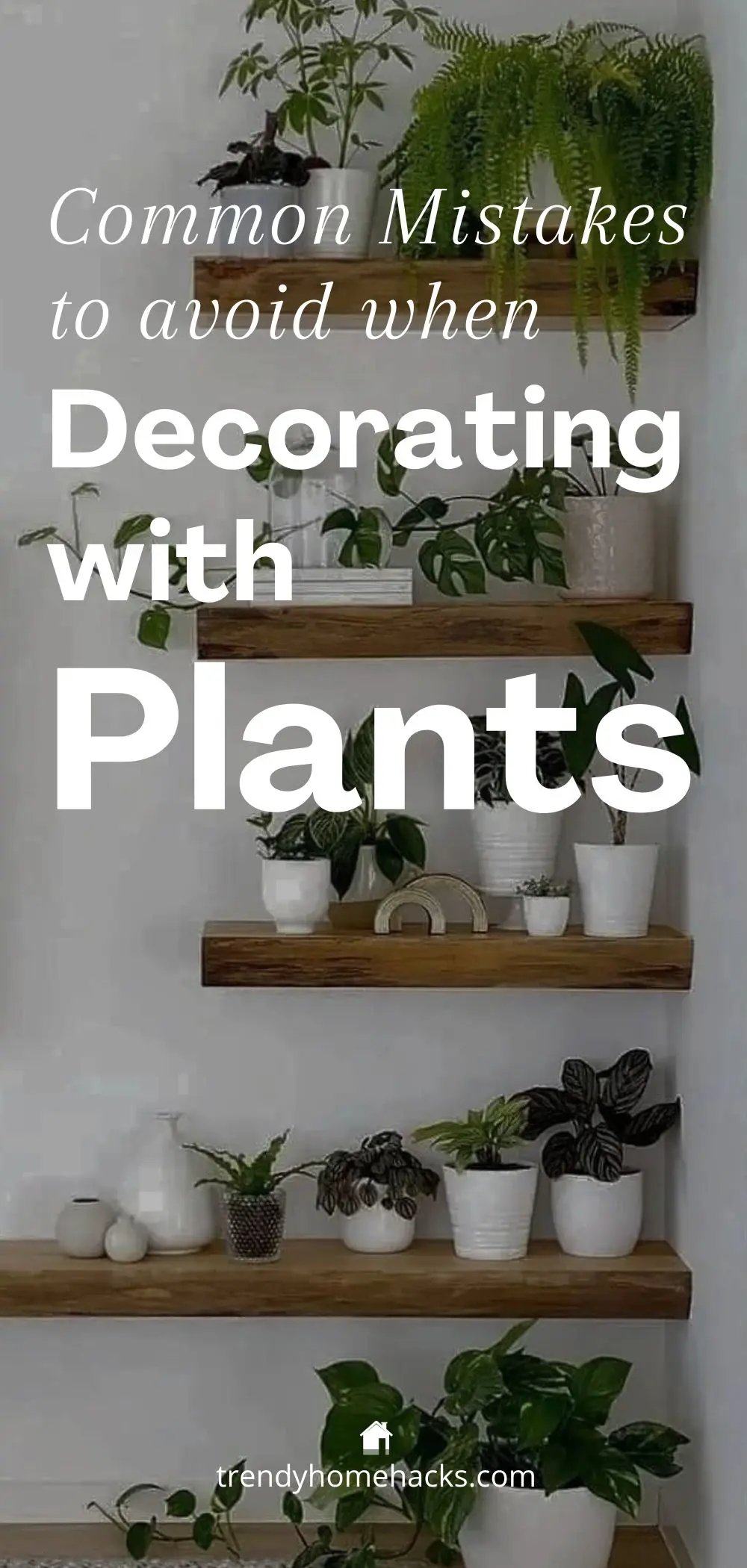 a tall Pinterest pin with a dark background image of floating shelves holding potted plants with a text overlay "Common mistakes to avoid when decorating with plants."